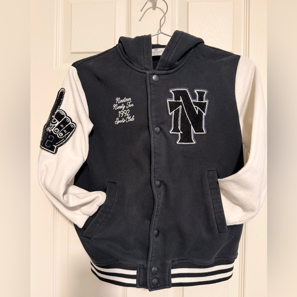H&M Black and White Hooded Varsity Jacket